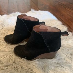 Black suede wedge booties. Size 8.5. Lucky Brand.